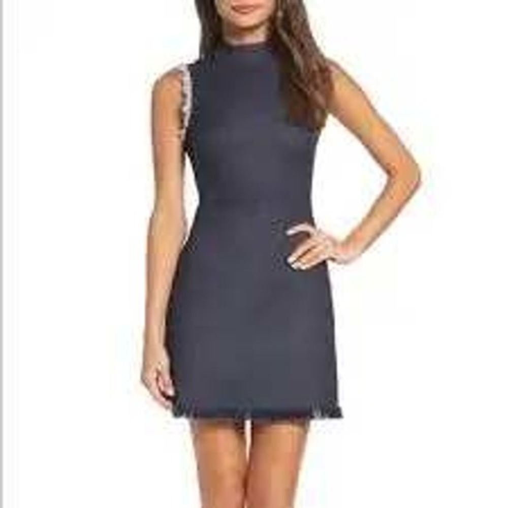 Ali & Jay Denim Falling For You Mini Dress Womens Small Blue Fringed Mock Neck